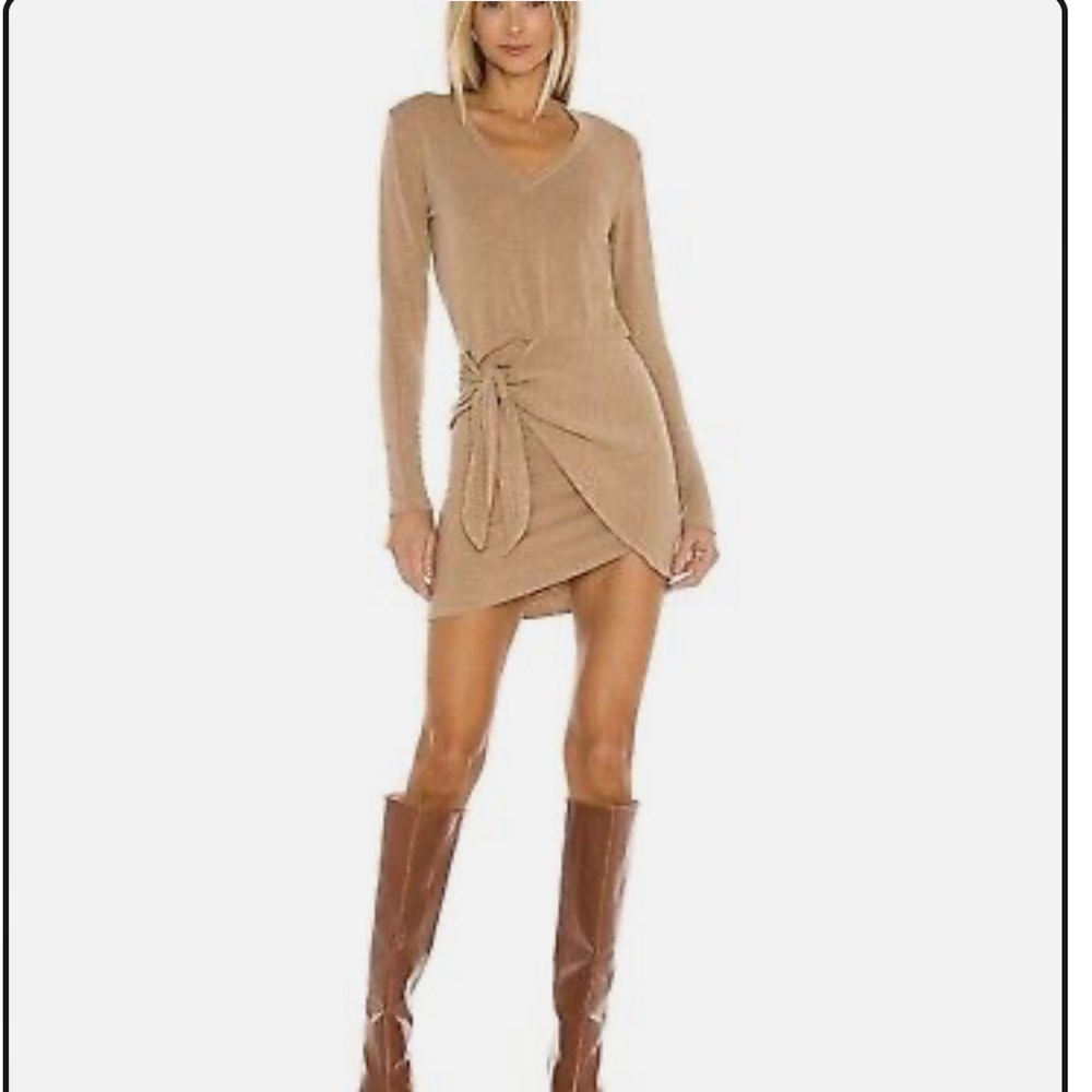 MONROW Revolve Supersoft Long Sleeve V Neck Crossover Dress Latte size XS NWT